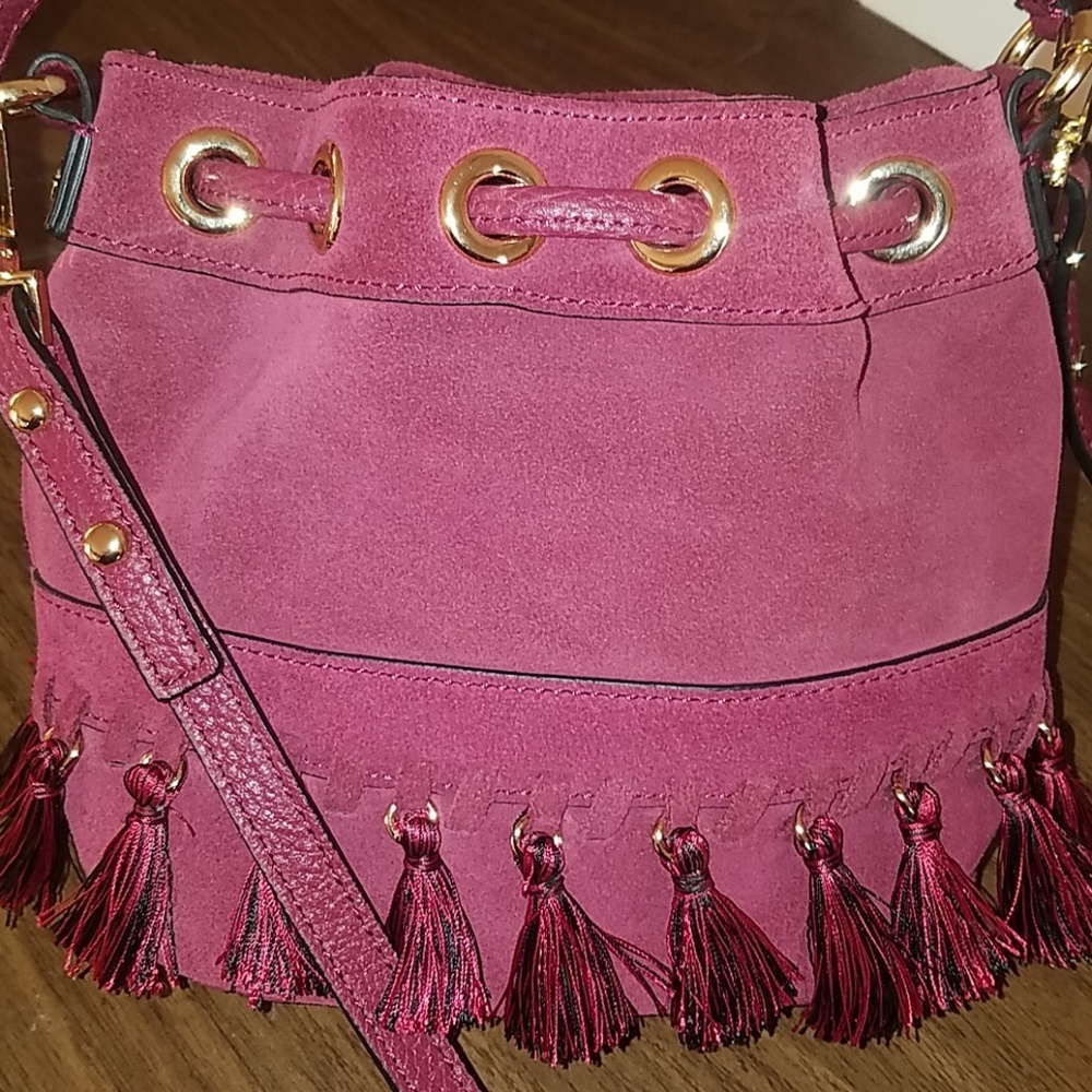 MILLY BURGUNDY TASSEL FRINGE MINI SUEDE BUCKET BAG - Picture 6 of 8